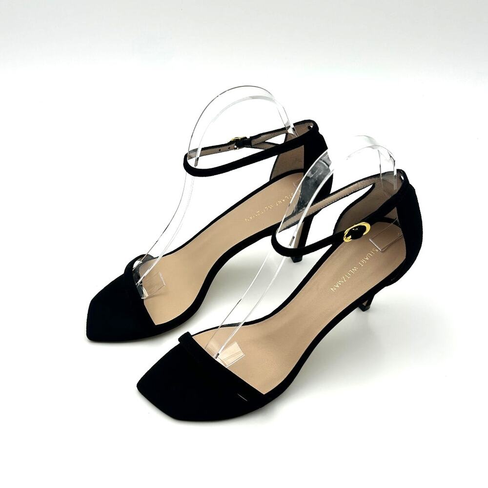Stuart Weitzman Black Square Toe Kitten Heel Strappy Sandals Siz 8 Quiet Luxury